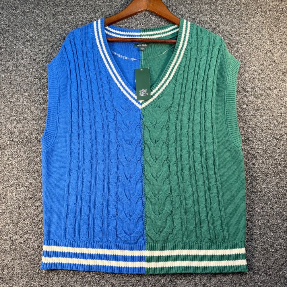 Wild Fable Womens Oversized Colorblock Cable Knit Sweater Vest Blue Green M